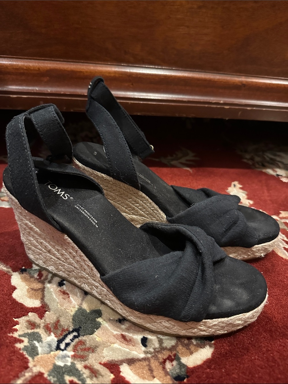 TOMS Black Knotted Espadrille Wedge Sandals with Ankle Sling 7.5